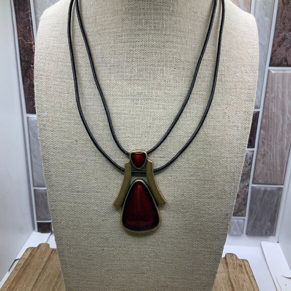 Chico's Vintage Red & Gold Enamel Leather Cord Necklace - Picture 4 of 5